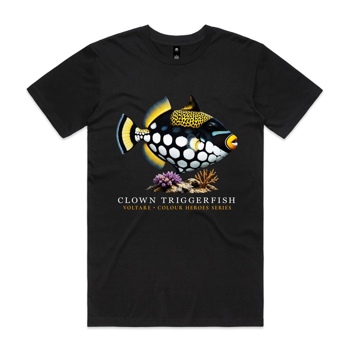 Front of black Voltare Clown Triggerfish Colour Hero T-shirt with white-spotted yellow-accented fish artwork, coral and Colour Heroes lettering