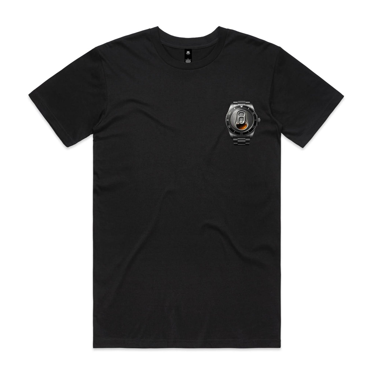 Black Beer O’Clock T-shirt with a small watch featuring a beer-can ring-pull face on the left chest