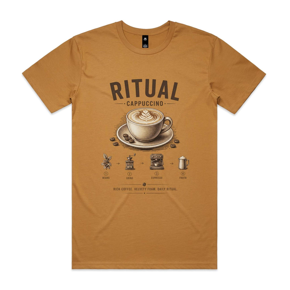 Front of the camel Voltare Ritual Cappuccino T-shirt with an engraved cappuccino cup and rosetta and the four-step beans, grind, espresso, froth method.