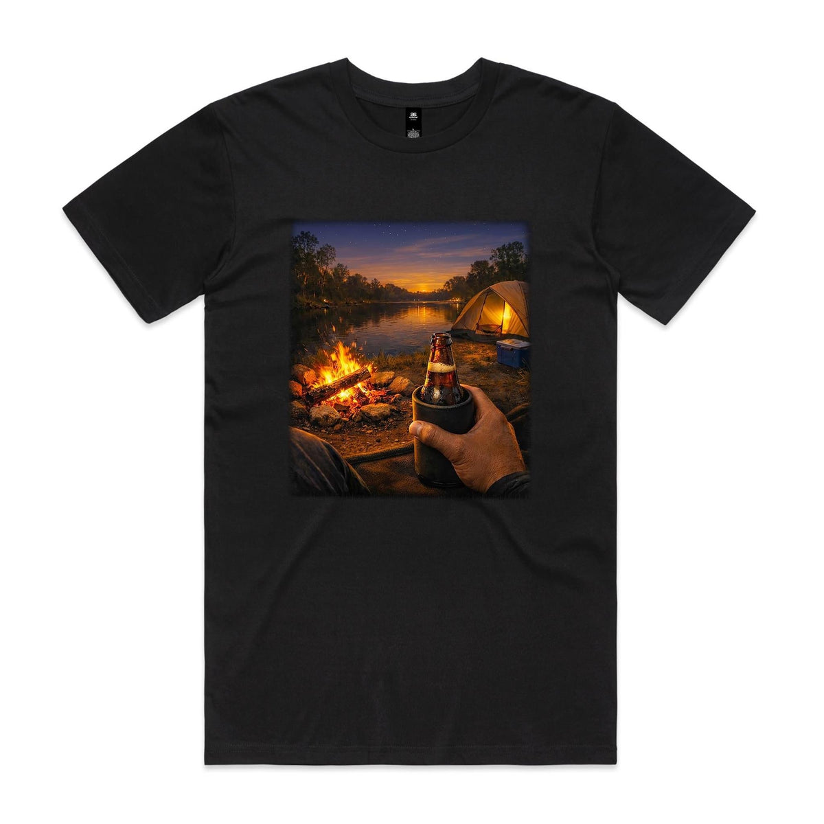 Front of the Black Voltare Riverside Campfire Camping tee with first-person campfire artwork beside a river and glowing tent at sunset