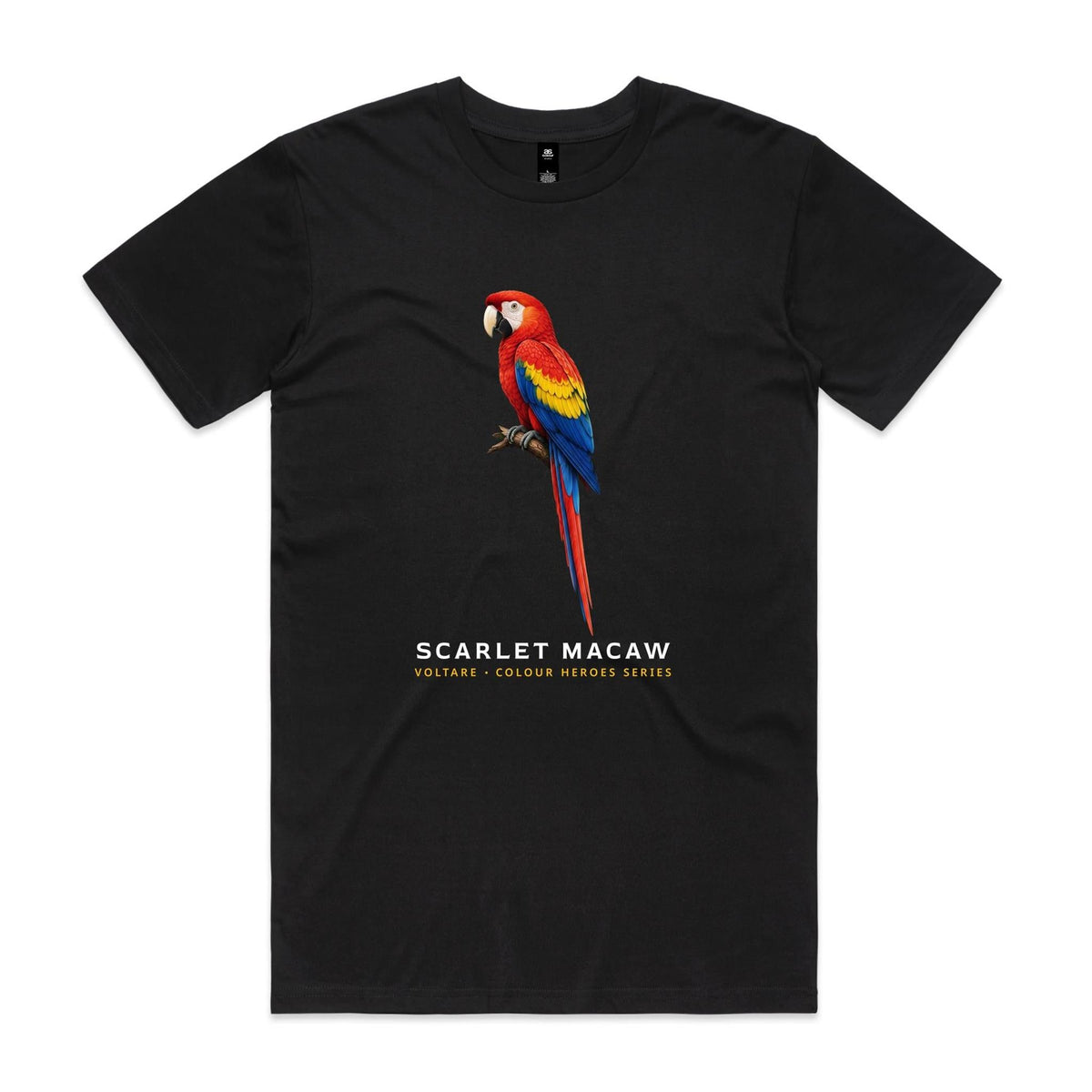 Front of the black Voltare Scarlet Macaw Colour Heroes Worldwide T-shirt with a perched scarlet parrot, yellow and blue wings and a long red-and-blue tail.