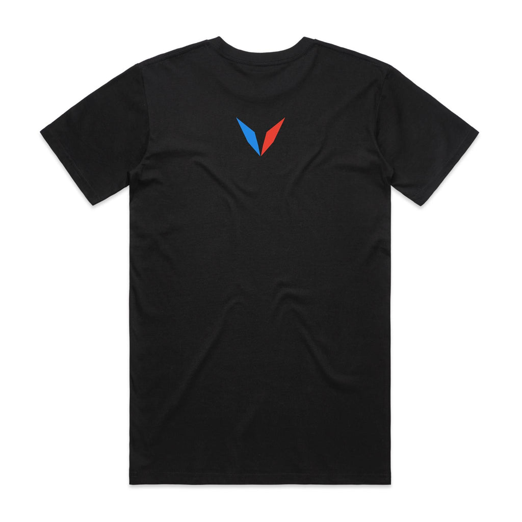 Back of black Voltare Betta Colour Hero T-shirt with red-and-blue Voltare V logo on the upper back