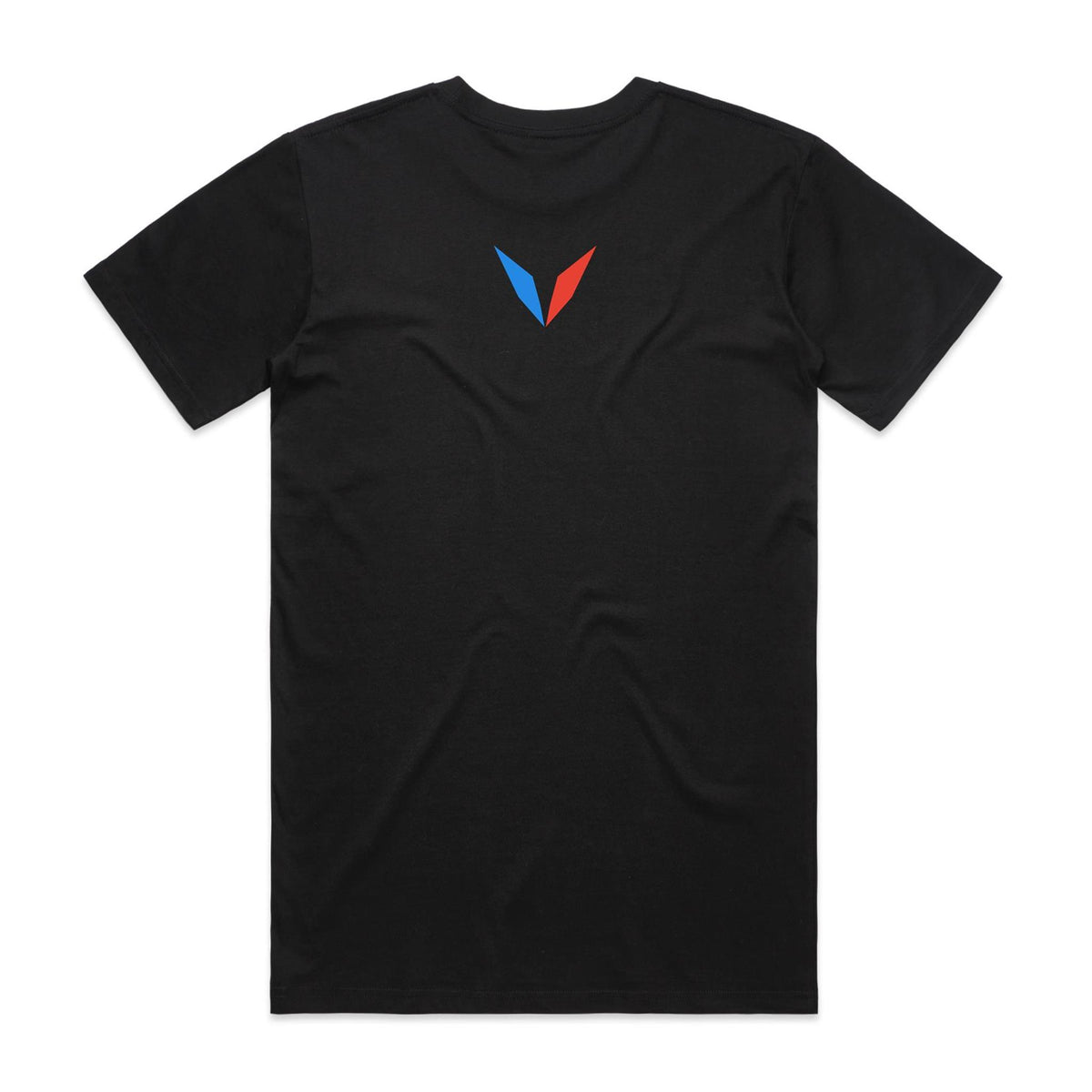 Back of black Voltare Betta Colour Hero T-shirt with red-and-blue Voltare V logo on the upper back