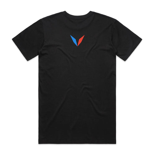 Back of black Voltare Betta Colour Hero T-shirt with red-and-blue Voltare V logo on the upper back