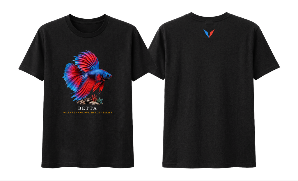  Front and back views of black Voltare Betta Colour Hero T-shirt with red-and-blue fish artwork and matching Voltare V back logo