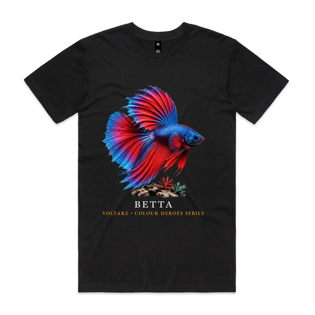  Front of black Voltare Betta Colour Hero T-shirt with vivid red-and-blue betta fish artwork and Colour Heroes lettering