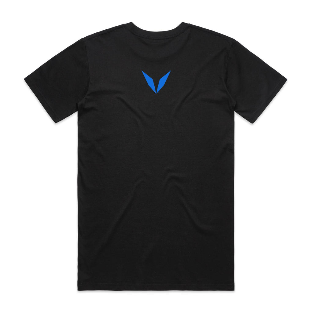 Back of black Voltare Black Marlin Colour Hero T-shirt with blue Voltare V logo on the upper back