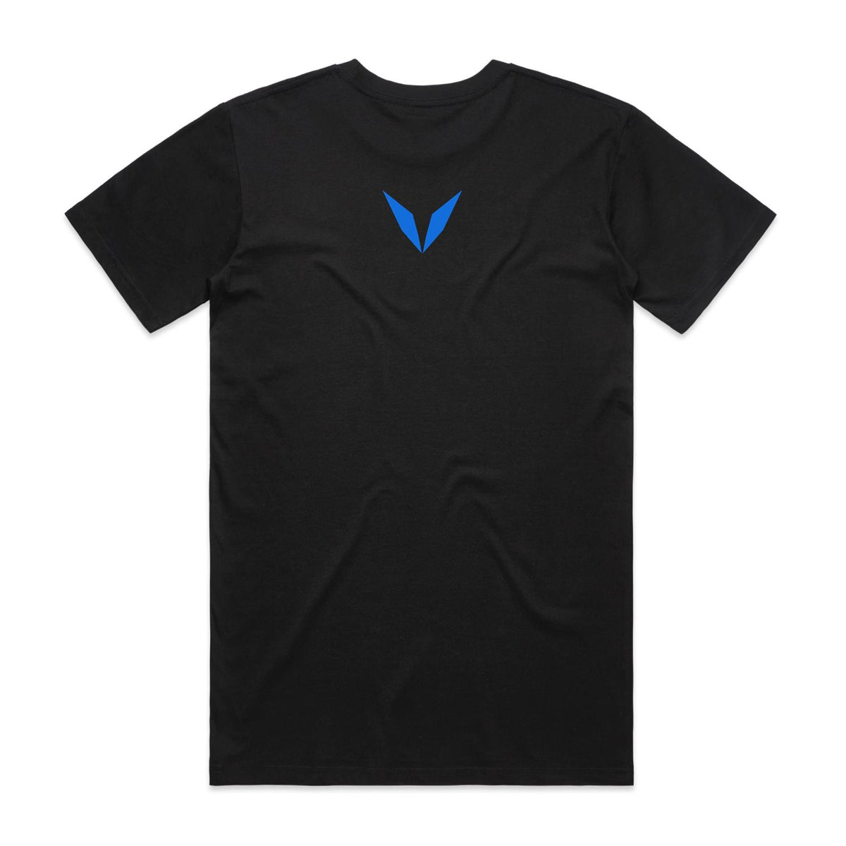 Back of black Voltare Black Marlin Colour Hero T-shirt with blue Voltare V logo on the upper back
