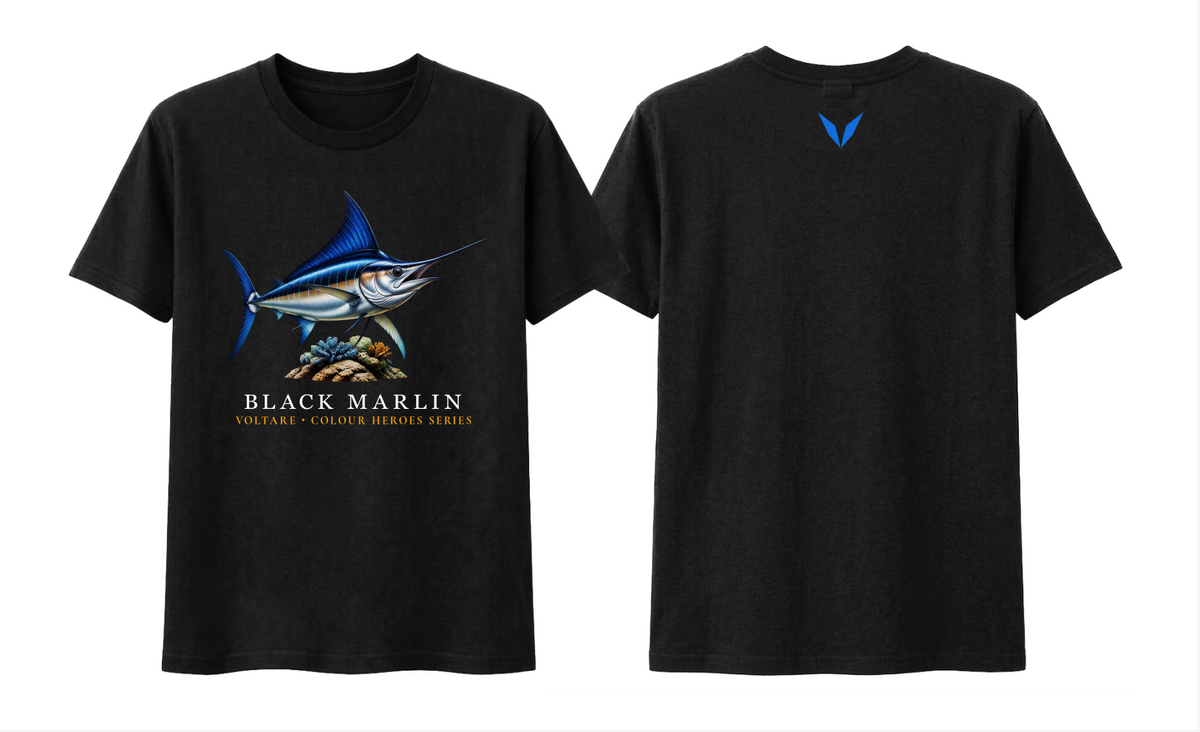  Front and back views of black Voltare Black Marlin Colour Hero T-shirt with blue-and-silver fish artwork and matching blue Voltare V back logo