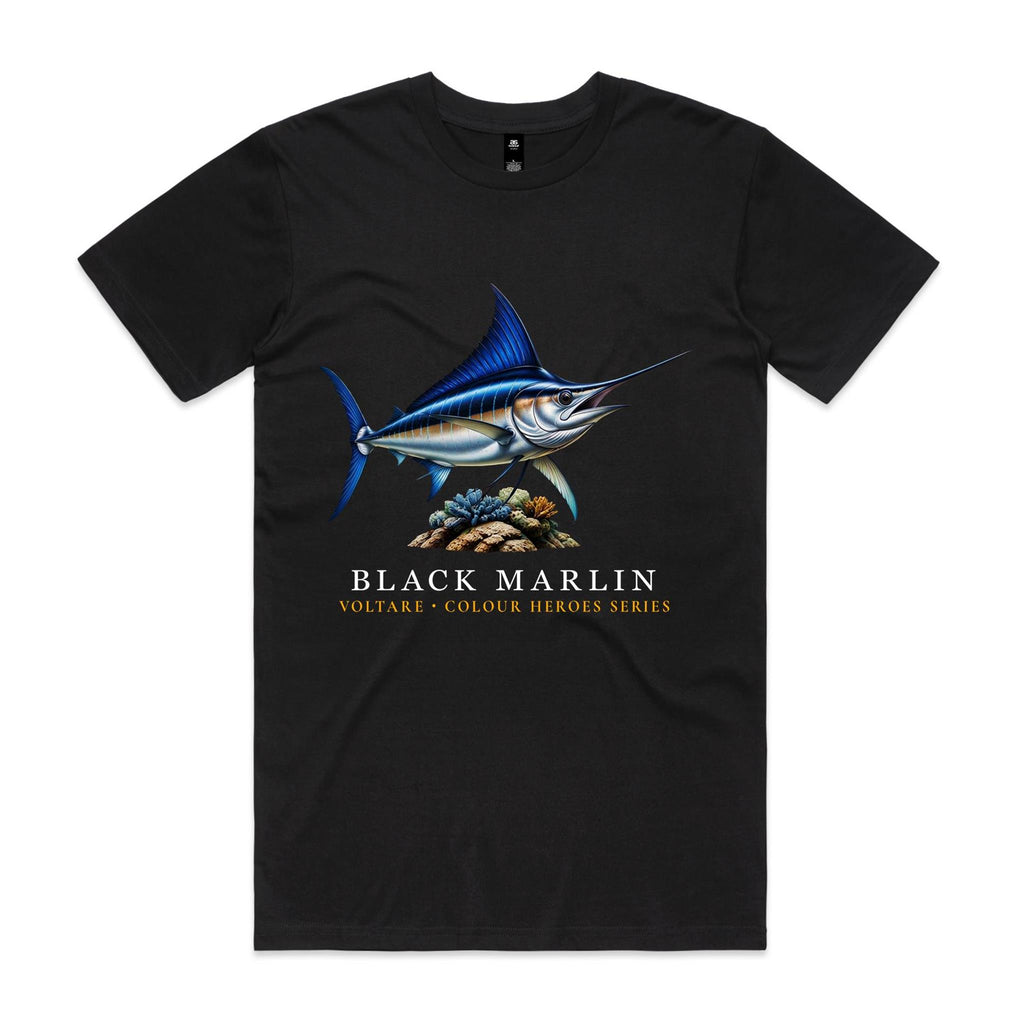Front of black Voltare Black Marlin Colour Hero T-shirt with blue-and-silver marlin artwork and Colour Heroes lettering