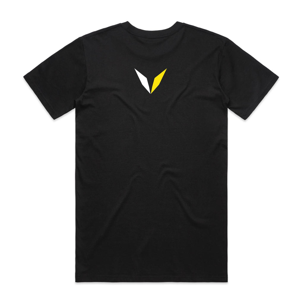 Back of black Voltare Clown Triggerfish Colour Hero T-shirt with white-and-yellow Voltare V logo on the upper back