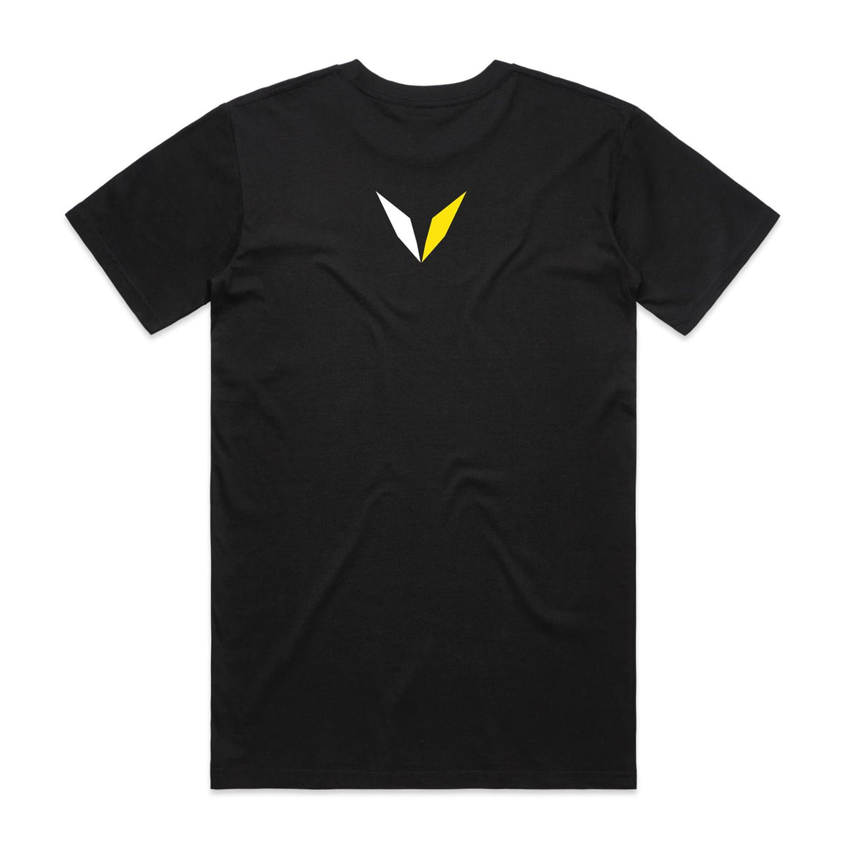 Back of black Voltare Clown Triggerfish Colour Hero T-shirt with white-and-yellow Voltare V logo on the upper back