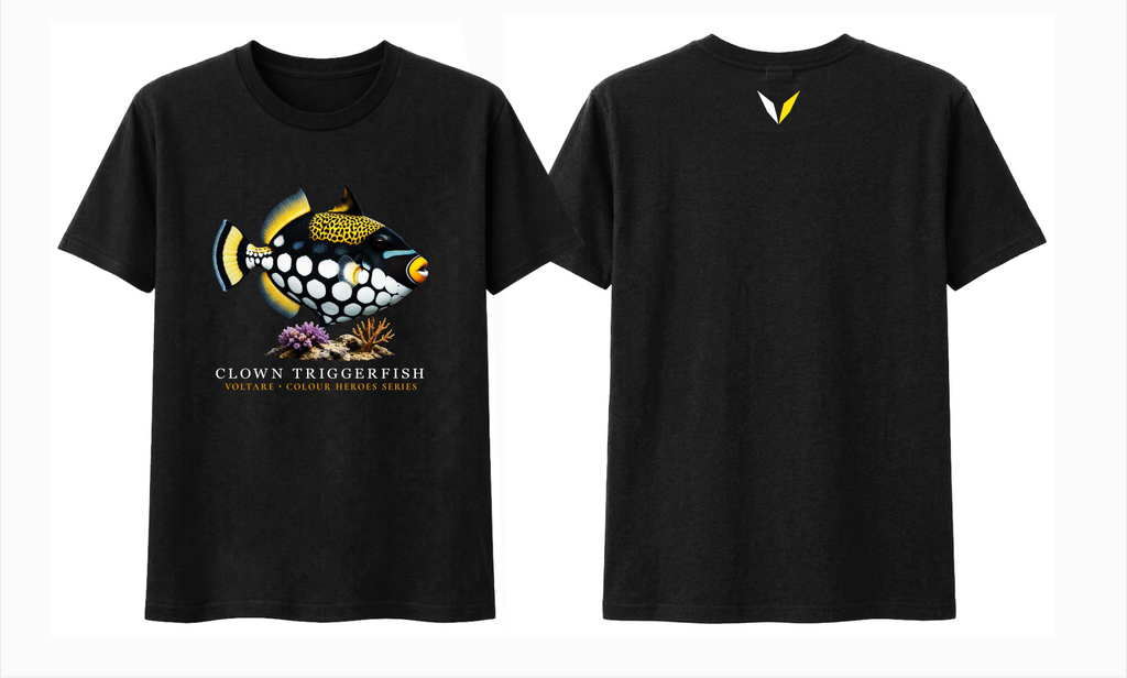 Front and back views of black Voltare Clown Triggerfish Colour Hero T-shirt with spotted fish artwork and matching white-and-yellow Voltare V back logo