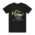 Front of black Voltare Clown Triggerfish Colour Hero T-shirt with white-spotted yellow-accented fish artwork, coral and Colour Heroes lettering