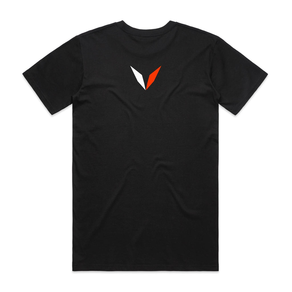 Back of black Voltare Clownfish Colour Hero T-shirt with white-and-orange Voltare V logo on the upper back
