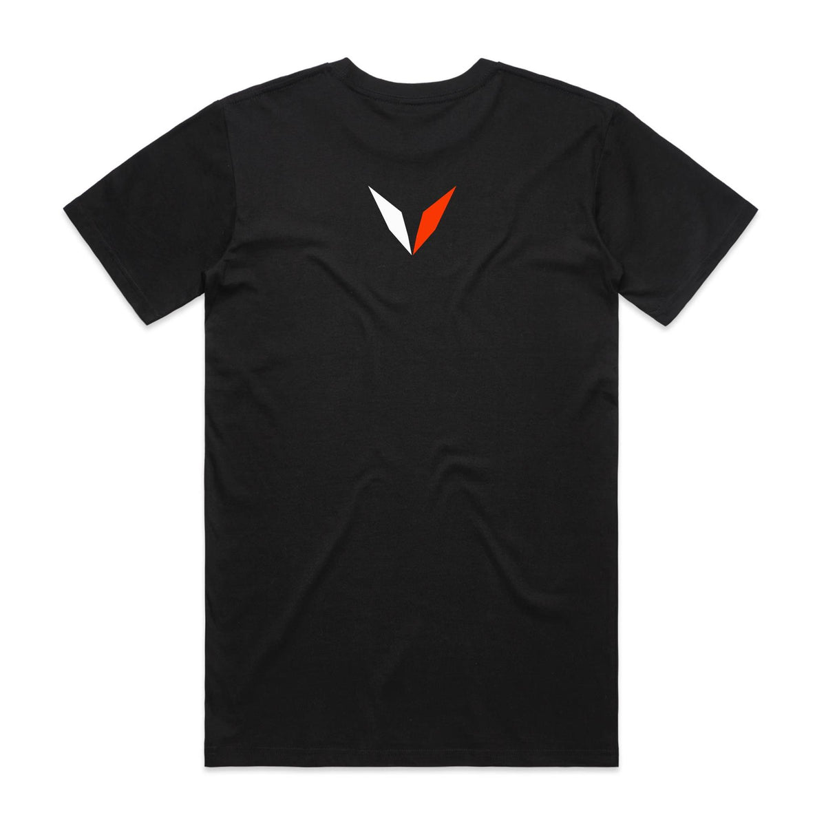 Back of black Voltare Clownfish Colour Hero T-shirt with white-and-orange Voltare V logo on the upper back
