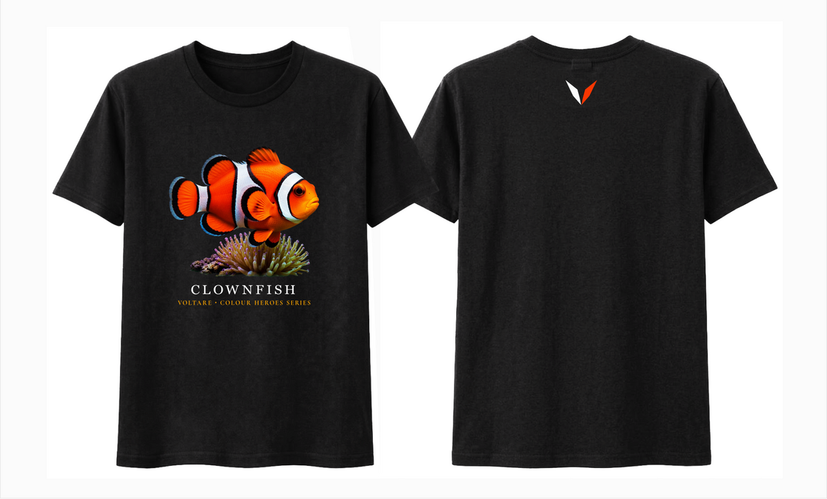 Front and back views of black Voltare Clownfish Colour Hero T-shirt with orange-and-white fish artwork and matching Voltare V back logo