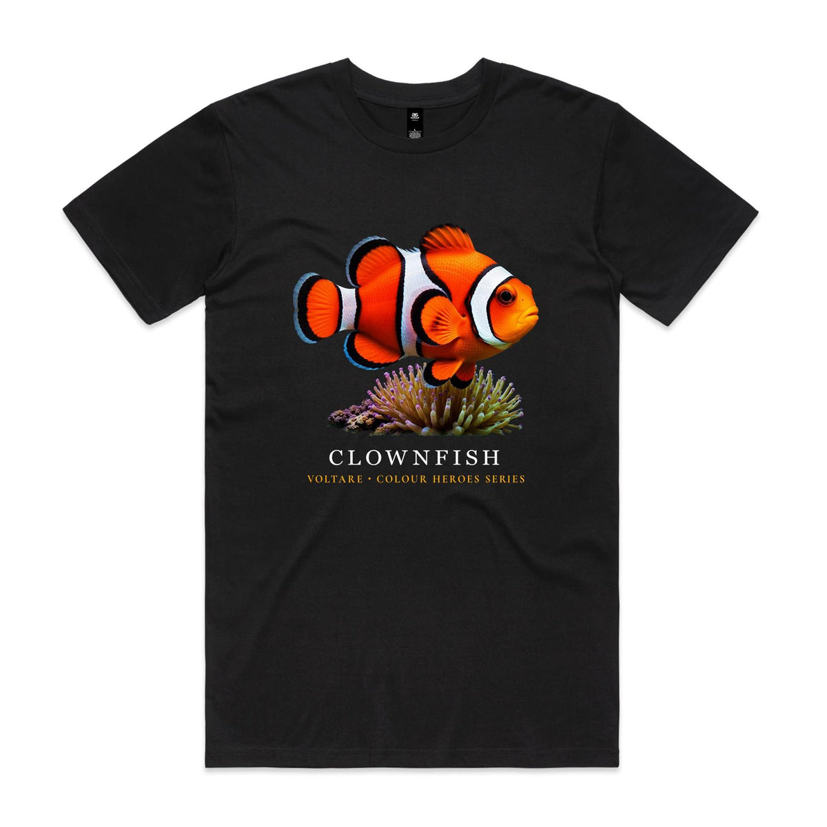 Front of black Voltare Clownfish Colour Hero T-shirt with orange-and-white fish artwork, reef detail and Colour Heroes lettering