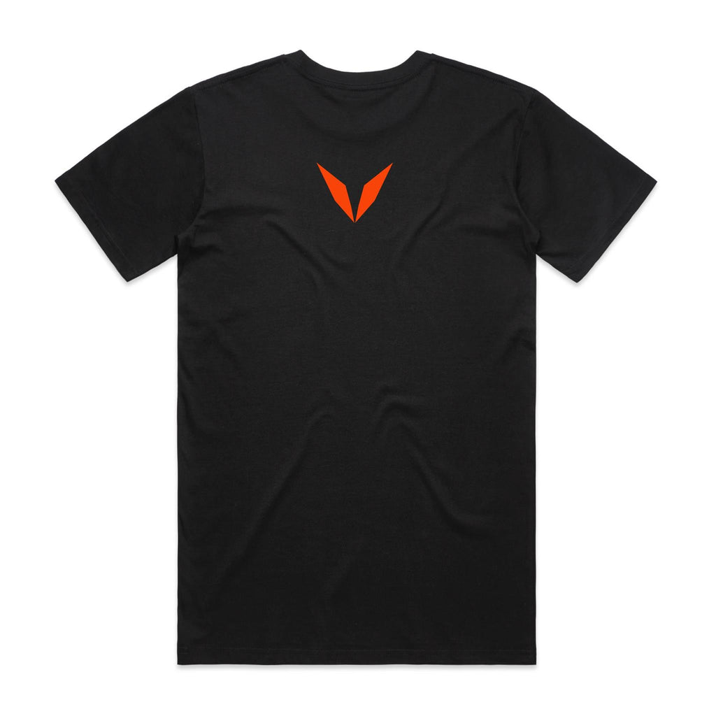 Back of black Voltare Coral Trout Colour Hero T-shirt with red-and-orange Voltare V logo on the upper back
