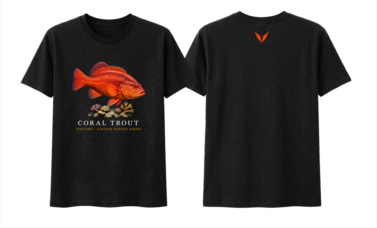 Front and back views of black Voltare Coral Trout Colour Hero T-shirt with red-and-orange fish artwork and matching Voltare V back logo