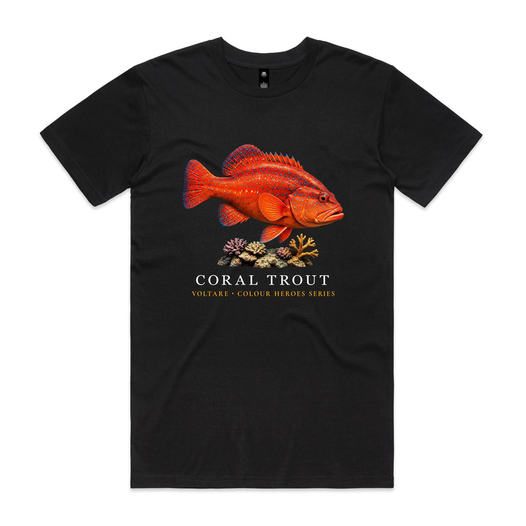 Front of black Voltare Coral Trout Colour Hero T-shirt with red-and-orange fish artwork, coral and Colour Heroes lettering