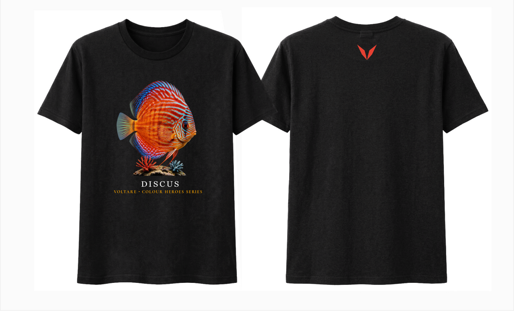 Front and back views of black Voltare Discus Colour Hero T-shirt with colourful discus artwork and red-orange Voltare V back logo