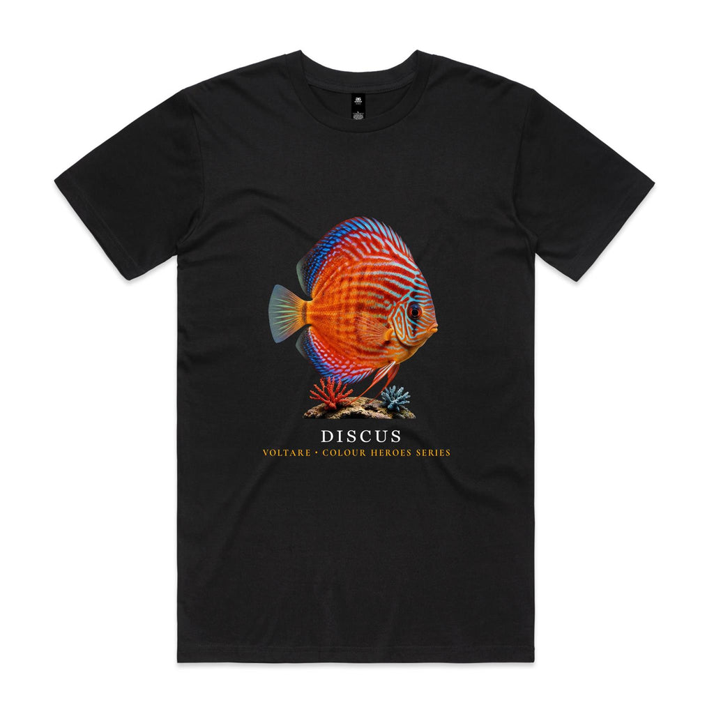 Front of black Voltare Discus Colour Hero T-shirt with orange-red discus artwork, blue detailing and Colour Heroes lettering