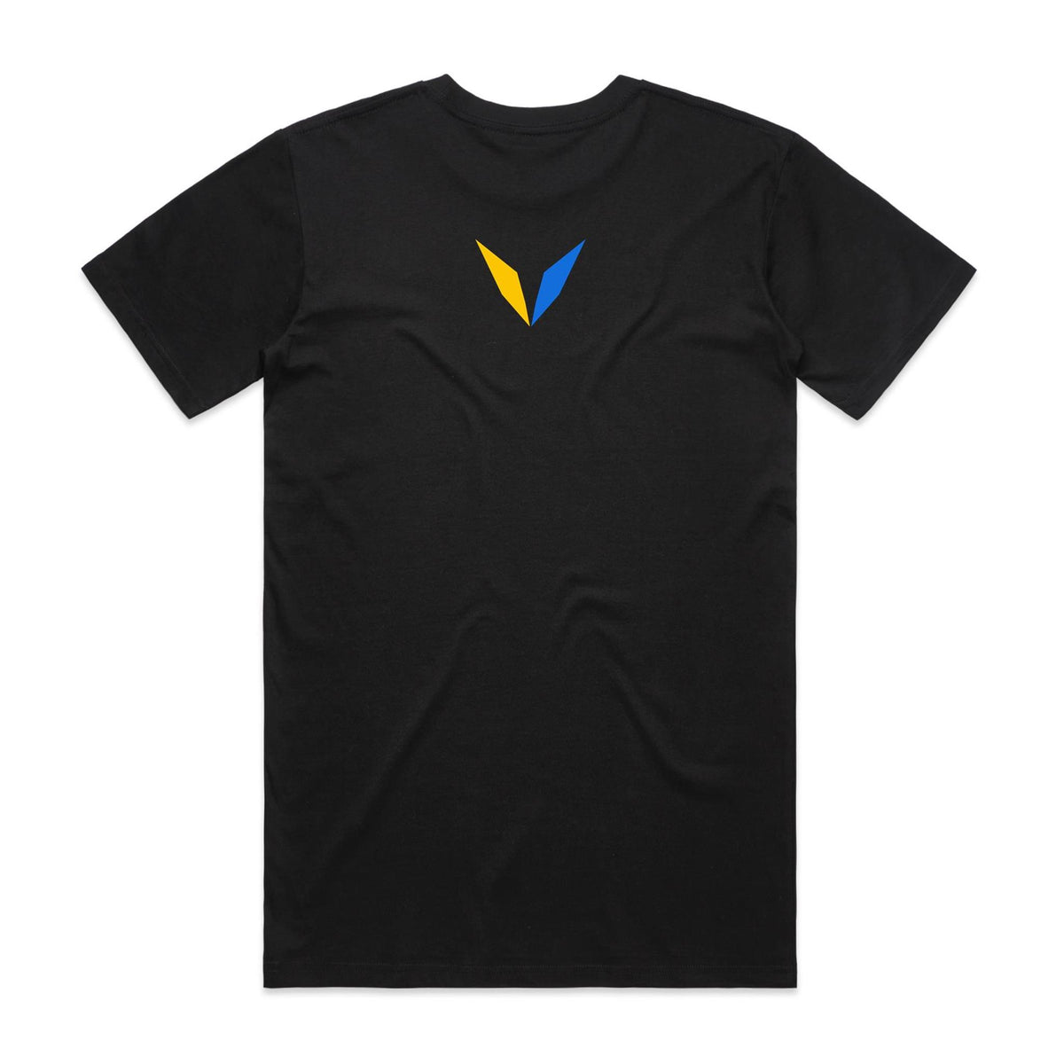 Back of black Voltare Emperor Angelfish Colour Hero T-shirt with yellow-and-blue Voltare V logo on the upper back