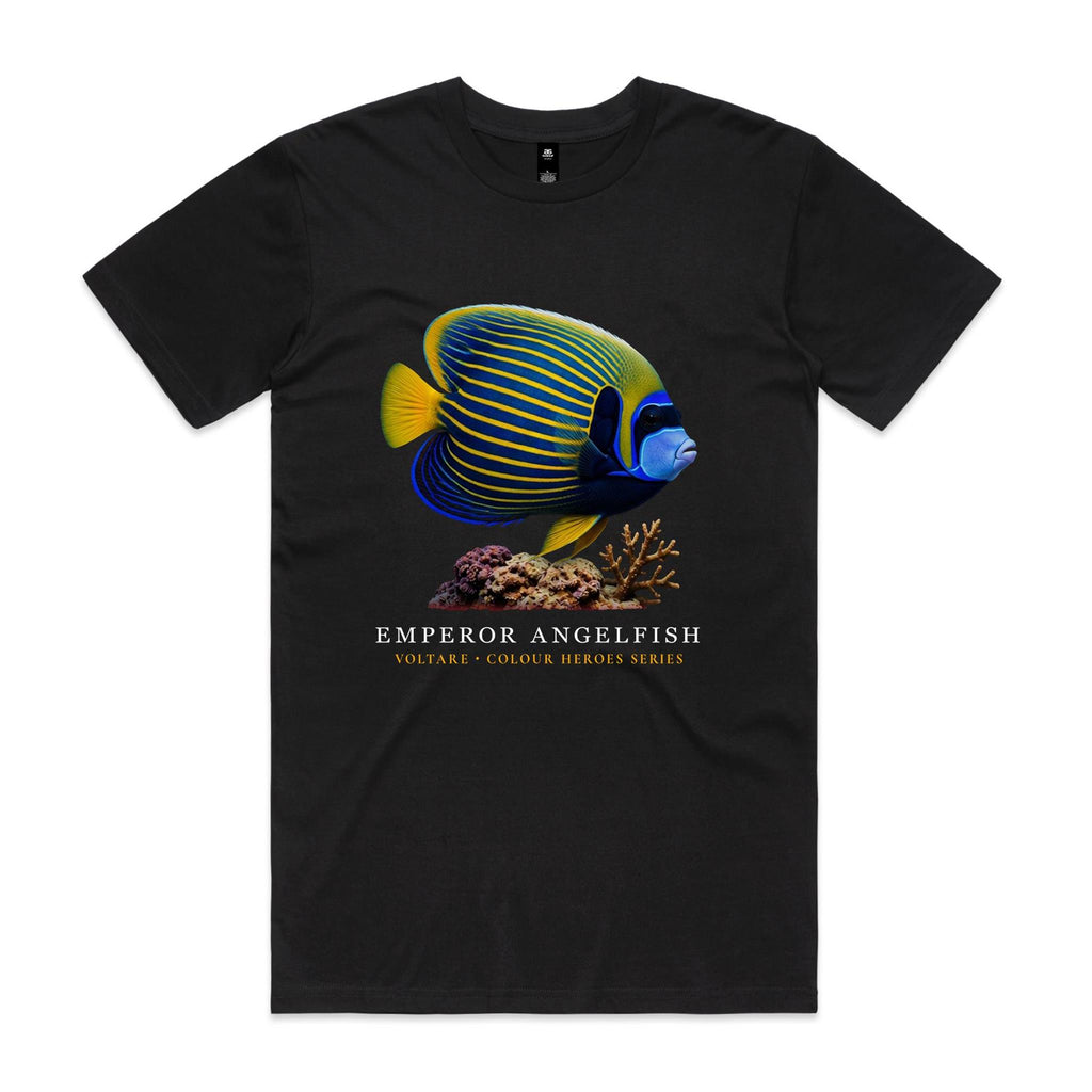 Front of black Voltare Emperor Angelfish Colour Hero T-shirt with blue-and-yellow striped fish artwork, coral and Colour Heroes lettering