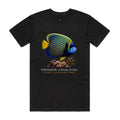 Front of black Voltare Emperor Angelfish Colour Hero T-shirt with blue-and-yellow striped fish artwork, coral and Colour Heroes lettering