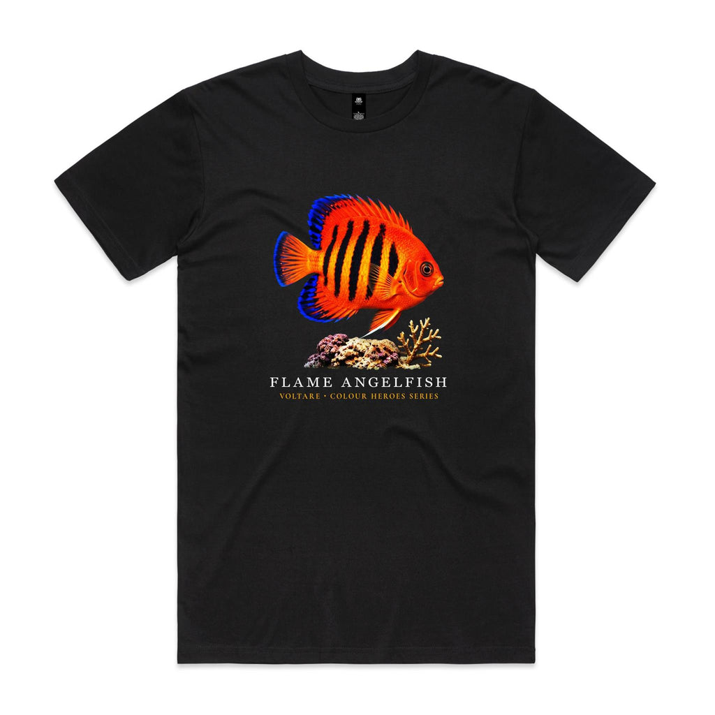 Front of black Voltare Flame Angelfish Colour Hero T-shirt with orange fish artwork, black bars, blue fin edges, coral and Colour Heroes lettering