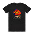 Front of black Voltare Flame Angelfish Colour Hero T-shirt with orange fish artwork, black bars, blue fin edges, coral and Colour Heroes lettering