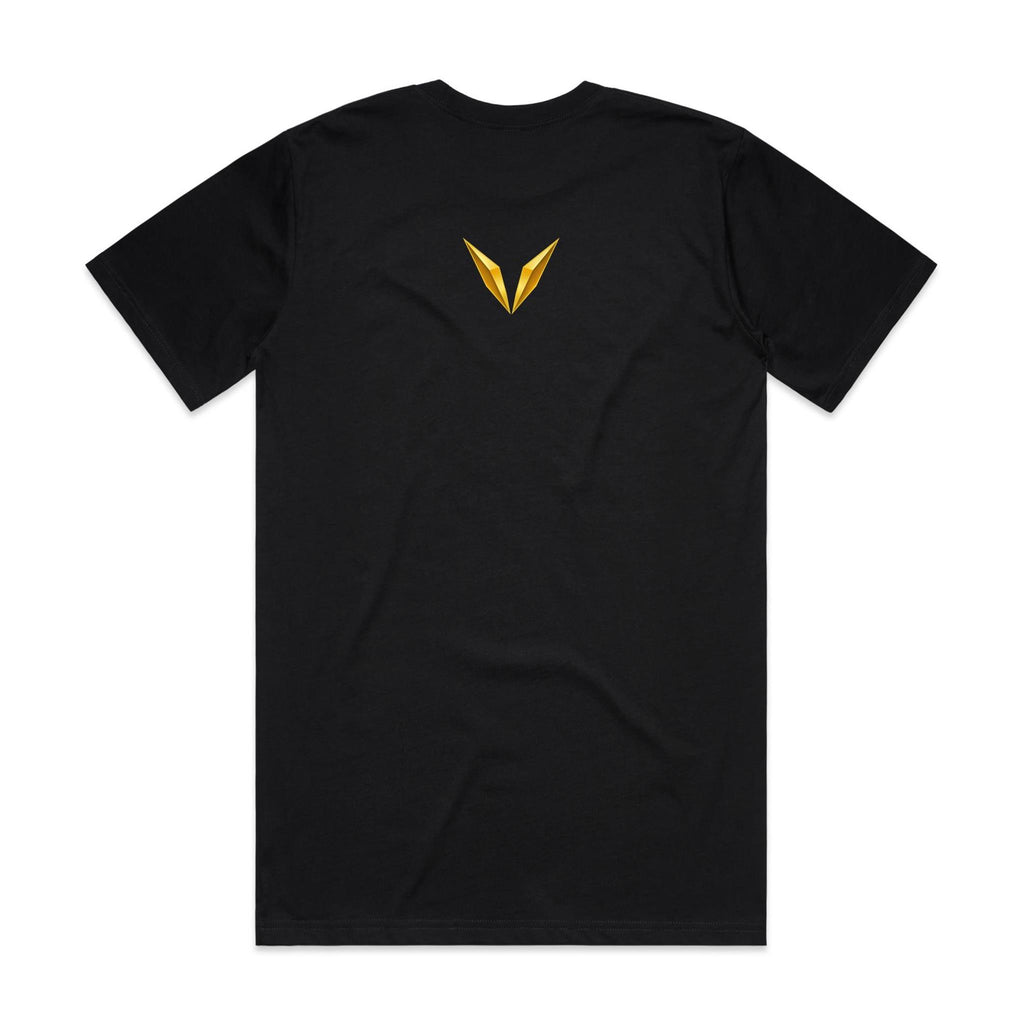  Back of black Voltare Gym T-shirt with gold Voltare V logo on the upper back
