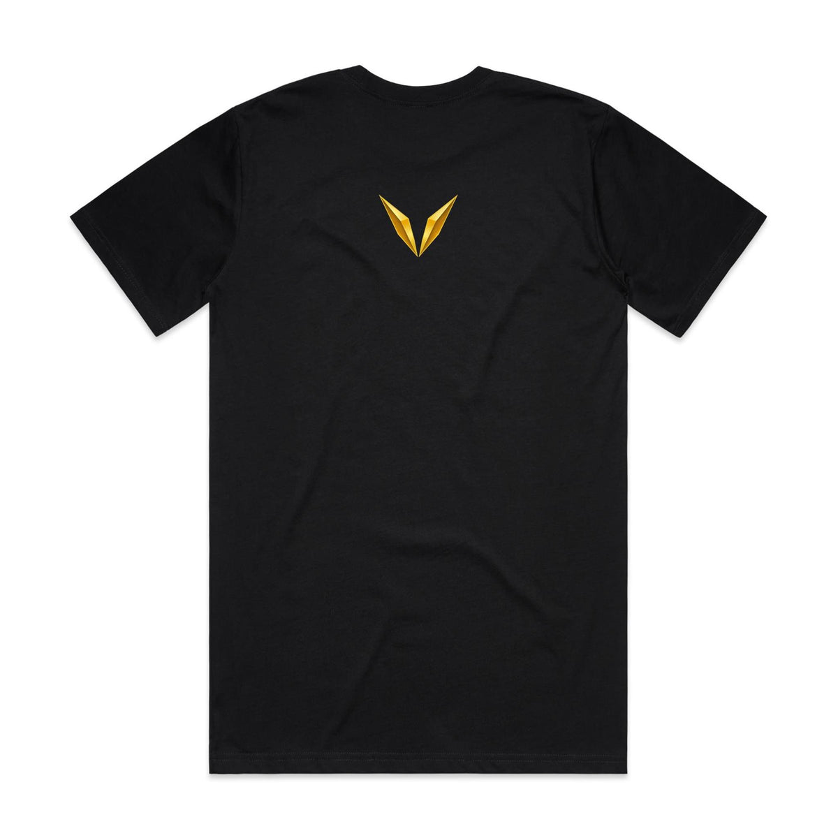  Back of black Voltare Gym T-shirt with gold Voltare V logo on the upper back
