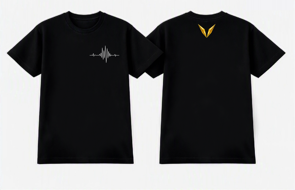 Front and back views of black Voltare Gym T-shirt with white ECG pulse chest design and gold Voltare V logo on the upper back