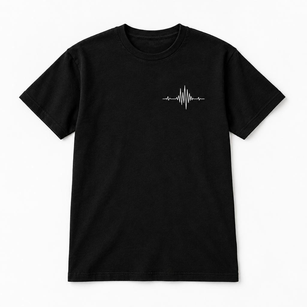 Front of black Voltare Gym T-shirt with white ECG pulse design on the left chest