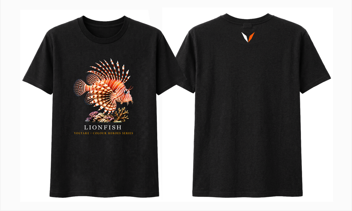 Front and back views of black Voltare Lionfish Colour Hero T-shirt with red-and-white striped fish artwork and matching Voltare V back logo