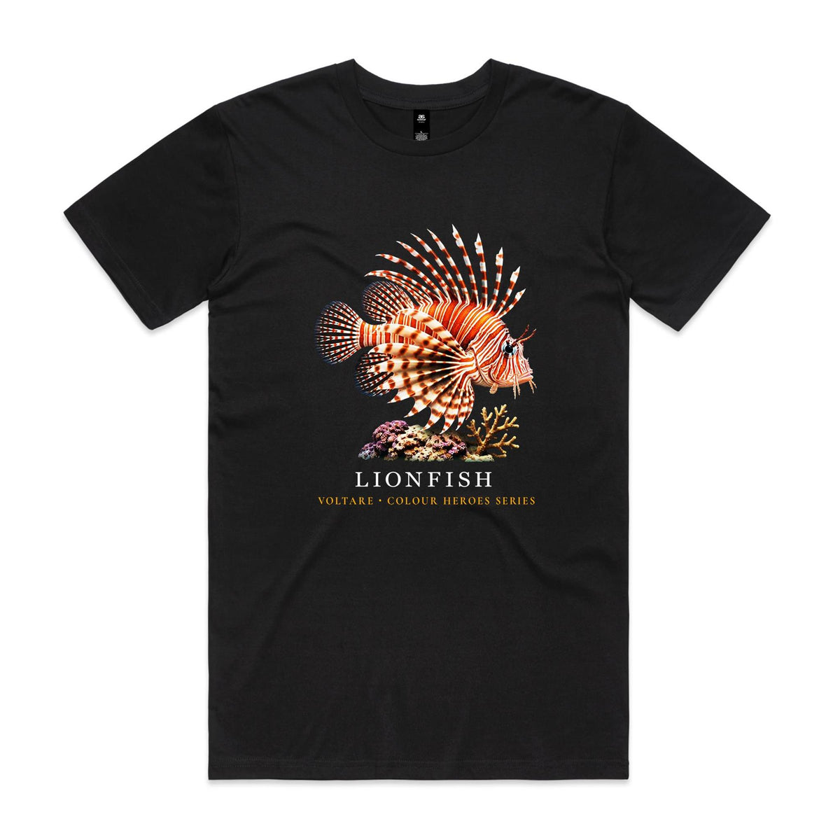 Front of black Voltare Lionfish Colour Hero T-shirt with red-and-white striped fish artwork, coral and Colour Heroes lettering