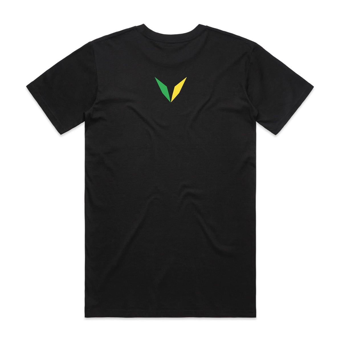 Back of black Voltare Mahi Mahi Colour Hero T-shirt with green-and-yellow Voltare V logo on the upper back