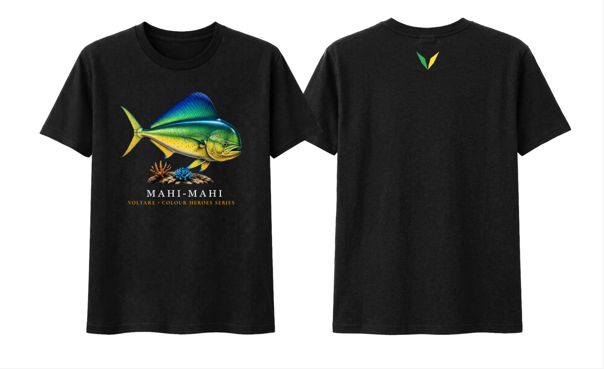 Front and back views of black Voltare Mahi Mahi Colour Hero T-shirt with colourful fish artwork and matching green-and-yellow Voltare V back logo
