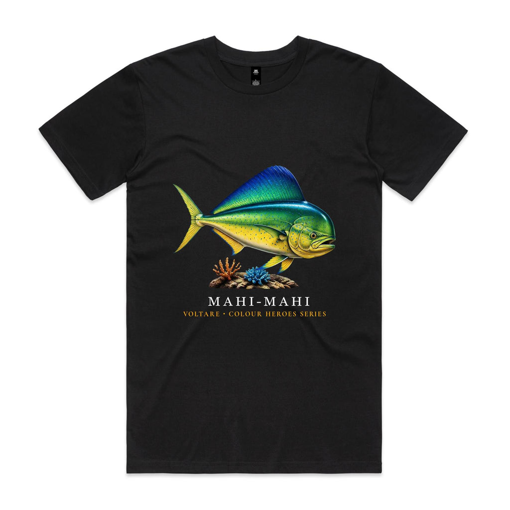  Front of black Voltare Mahi Mahi Colour Hero T-shirt with blue, green and yellow fish artwork and Colour Heroes lettering