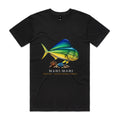  Front of black Voltare Mahi Mahi Colour Hero T-shirt with blue, green and yellow fish artwork and Colour Heroes lettering