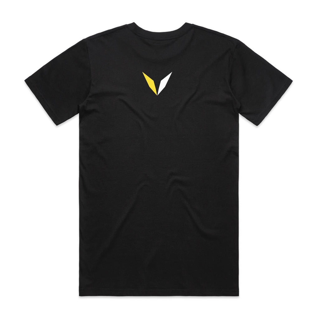 Back of black Voltare Moorish Idol Colour Hero T-shirt with yellow-and-white Voltare V logo on the upper back