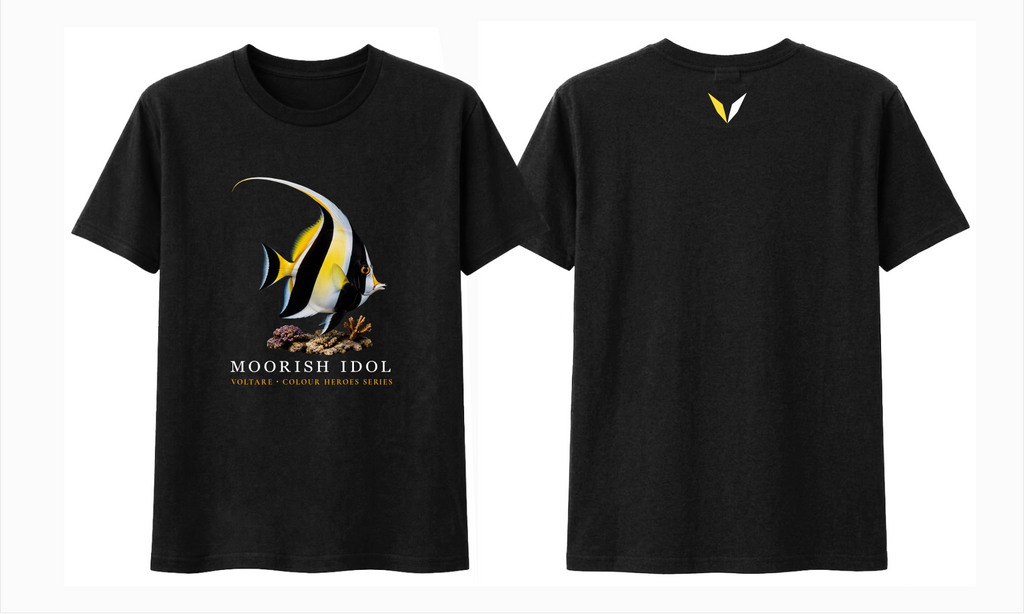 Front and back views of black Voltare Moorish Idol Colour Hero T-shirt with white-and-yellow fish artwork and matching Voltare V back logo
