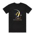 Front of black Voltare Moorish Idol Colour Hero T-shirt with white-and-yellow fish artwork, coral and Colour Heroes lettering