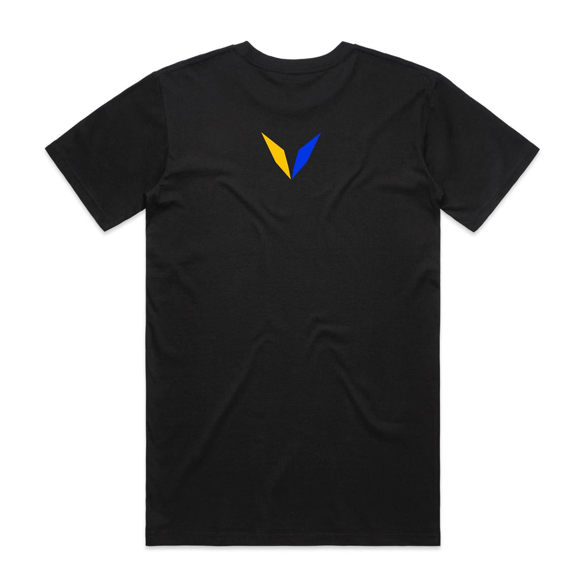 Back of black Voltare Regal Angelfish Colour Hero T-shirt with yellow-and-blue Voltare V logo on the upper back