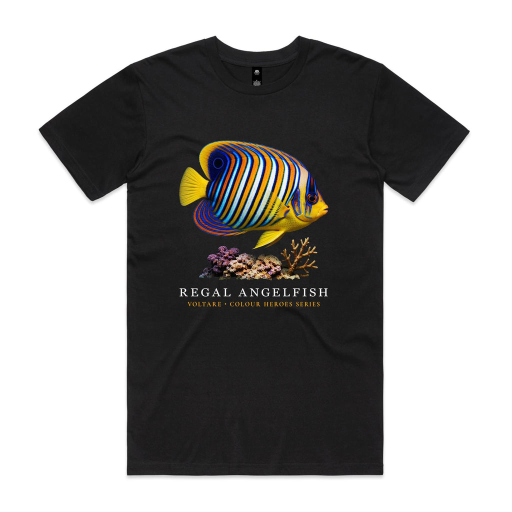 Front of black Voltare Regal Angelfish Colour Hero T-shirt with colourful striped fish artwork, coral and Colour Heroes lettering