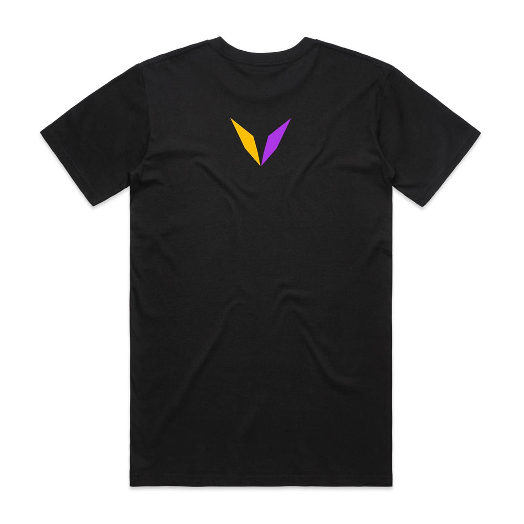 Back of black Voltare Royal Gramma Colour Hero T-shirt with yellow-and-purple Voltare V logo on the upper back
