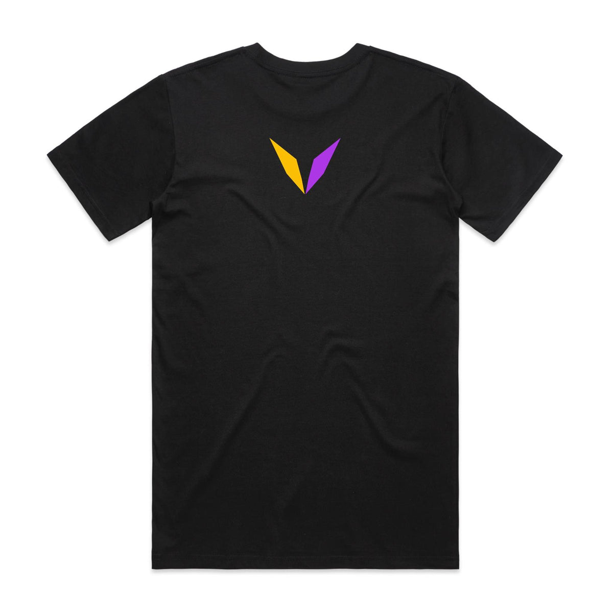 Back of black Voltare Royal Gramma Colour Hero T-shirt with yellow-and-purple Voltare V logo on the upper back