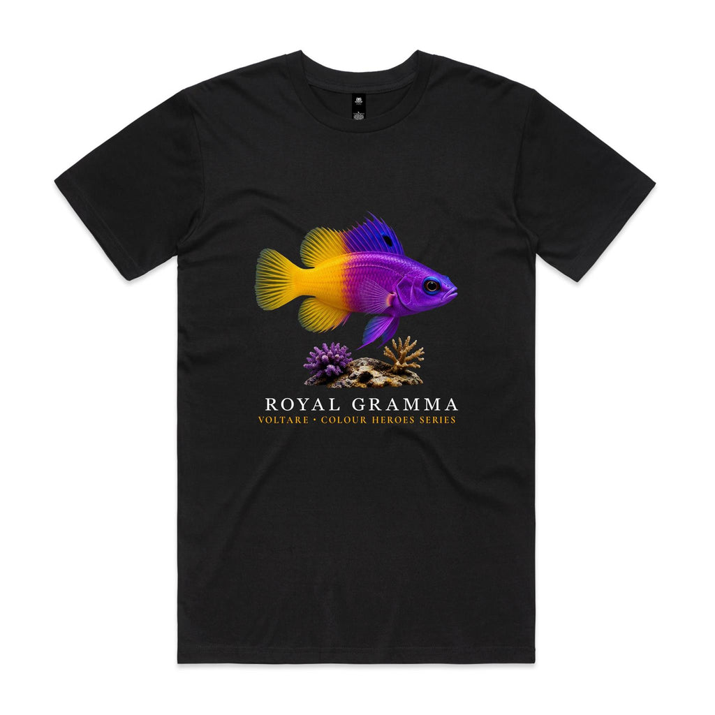  Front of black Voltare Royal Gramma Colour Hero T-shirt with purple-and-yellow fish artwork and Colour Heroes lettering